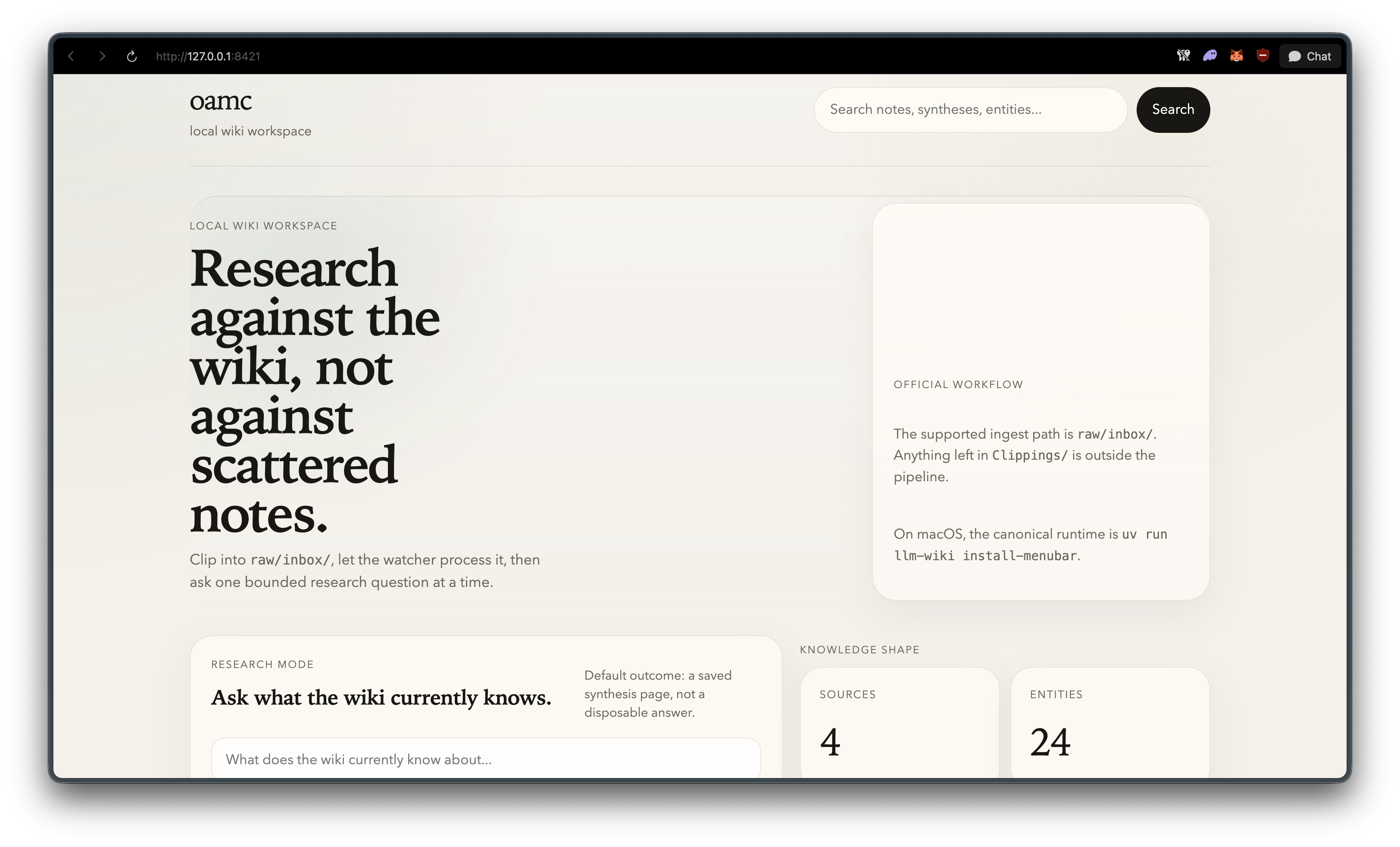 oamc local dashboard — 'Research against the wiki, not against scattered notes.'