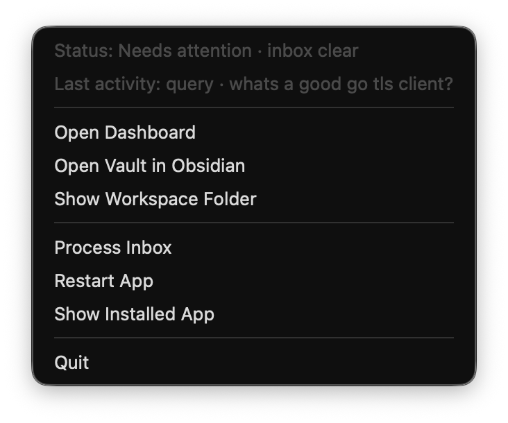 oamc menubar — status, last activity, Open Dashboard, Open Vault in Obsidian, Process Inbox